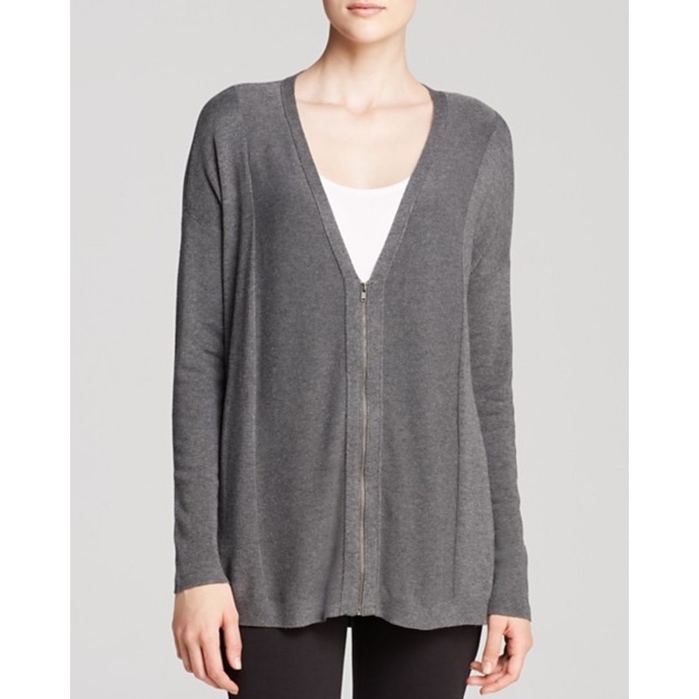 Eileen Fisher Gray Viscose‎ Blend Zip Front Cardigan Sweater Large Italian Yarn